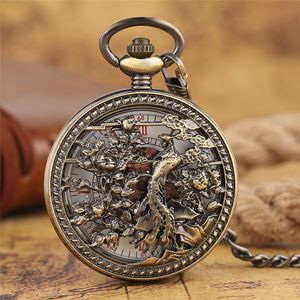 Bronze retro phoenix design automático relógios de bolso mecânicos homens mulheres relógio de esqueleto com cadeia pendente número de número de discagem romana