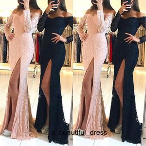 Boat Neck Lace Long Sleeve Formal Evening Dresses Straight Long Evening Gowns High Leg Split Slit Evening Party Dress with Beaded ED1306