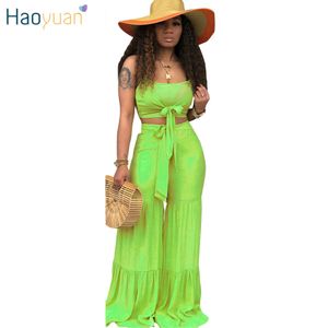 Haoyuan Sexy 2 Piece Set Women Crop Top And Wide Leg Pant Summer Festival Clothing Club Outfits Plus Size Two Pcs Matching Sets Y19062601