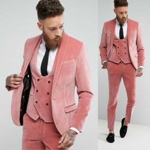 2020 Pink Valvet Groom Wedding Suits 3 Pieces Suit Mens Double Breasted Vested Tuxedos Slim Formal Wear