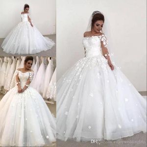 Più nuovo stupefacente fiori 3D abito di sfera abiti da sposa arabo 3/4 maniche lunghe in pizzo Applique Vestido De Novia abito da sposa Personalizza