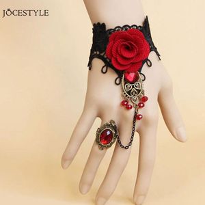 Elegant Gothic Style Lace Red Rose Bracelet Jewellery with Adjustable Finger Ring Bride Weeding Alloy Costume Beads Jewelry Sets