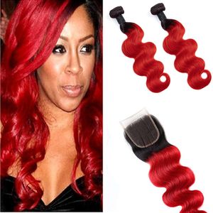Malaysian Virgin Hair Body Wave 2 Bundles With 4X4 Lace Closure Free Middle Three Part 3 Pieces Body Wave Hair Wefts With Closures 1B Red