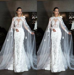 Fabulous Mermaid Wedding Dresses With Cape Jewel Neck 3D Lace Bridal Gown Vestidos Dubai Long Sleeve Beach Wedding Dress Plus Size184V