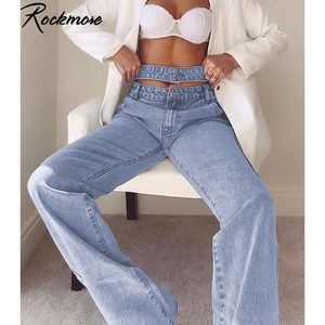 Rockmore aushöhlen, lockere Jeans mit hoher Taille, Hose für Damen, Baggy, gerade Hose, Denim-Taschen, Jogger mit weitem Bein, Freizeitkleidung