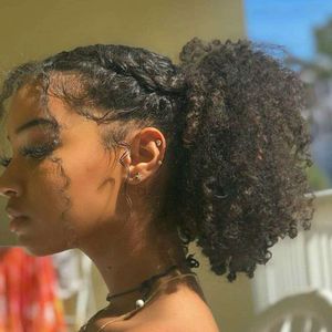 Wrap Updo Hairpieces üzerinde yüksek Afro Puff İpli at kuyruğu Kinky Kıvırcık İnsan Saç Bun Klip Afrikalı Amerikalı Kadınlar Doğal Renk 120g için