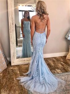 Sexy Backless Lace Mermaid Prom Dresses Długie Spaghetti Paski Długie Dresses Vestido De Festa Longo