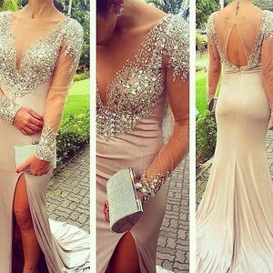 Sheer U-Ausschnitt Meerjungfrau Sexy Split Slit Nude Abendkleid Durchsichtiges Promi-Partykleid mit langen Ärmeln Abendkleider