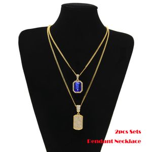 2pcs Sets Pendant Black/Red/Blue Gemstone & Big Rhinestones Dog Tag Cuban Chain Two Necklace Men Women HipHop Jewelry 2 Necklaces Set