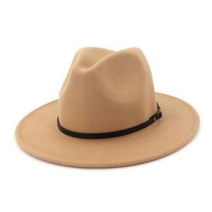Vintage Classic Wide Flat Brim Ull Fedora Män Kvinna Panama Cap Belt Buckle Decor Unisex Jazz Gentleman Hat Party Carnival Hat