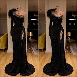 New Black Sexy Sequined Evening Dresses Beaded Feather Mermaid Prom Dress High Split Formal Party Second Reception Gowns