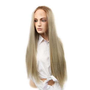 Swiss Lace Front Wig Long Straight Ash Blonde Ombre Syntetiska Paryker För Svart eller Vit Kvinnor Halloween Cosplay