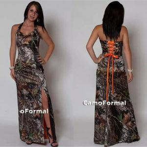 Plus Size Country Prom Dresses Camo Druhna Dresses Split Side Lace-up Back Camouflage Drukuj długość długości