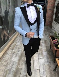 Alta qualità One Button Sky Blue Groom Tuxedos Peak Bavero Uomo Abiti da sposa / PROM / Dinner Best Man Blazer (Giacca + Pantaloni + Vest + Tie) W400