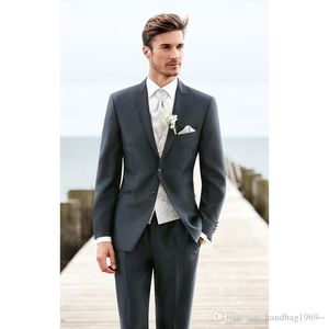 Fashionable Two Button Dark Grey Groom Tuxedos Peak Lapel Groomsmen Best Man Mens Wedding Suits (Jacket+Pants+Vest+Tie) D:218