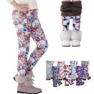 Girls Fleece Leggings Floral Printed Tights Kids Pants Plain Full Length Children Trousers Winter Warm Stretchy Pants