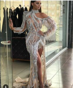 Yousef Aljasmi 2019 African Mermaid Evening Dresses High Neck Beaded Tassel Prom Dresses Sweep Train Sexy Long Sleeve Formal Party Gowns