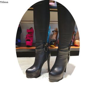 Rontic New Fashion Women Platform Ankel Boots Sexiga Tunna Högklackar Stövlar Rund Toe Eleganta Svarta Skor Kvinnor Plus US Storlek 5-15