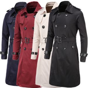 Mężczyźni Trenchcoat Brytyjski styl Klasyczny Kurtka Kurtka Podwójna Piersia Długi Slim Outwear Regulowany Pas Skórzany Belt CJ191210