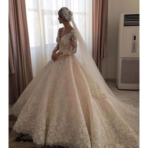 Elegant 2019 V Neck Wedding Dresses Long Sleeve Lace Appliqued Court Train Vestido De Novia Church Bridal Gowns Custom