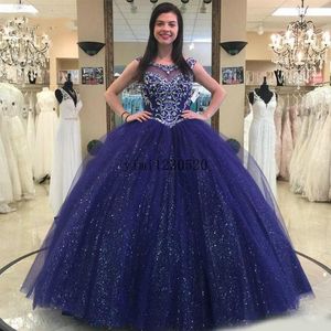 Kraliyet Mavi Kristal Quinceanera Elbiseler Pullar Tül Scoop Boyun Balkown Tatlı 16 Pageant Resmi Balo Partisi Giyim Özel Yapımı