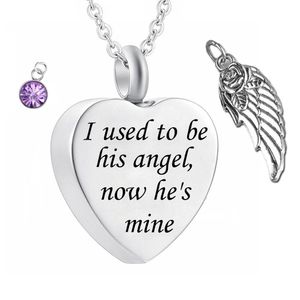 Unisex Angel Wing Memorial Keepsake Ashes Urn Pendant Birthstone Necklace,I Used to Be His Angel Now He's Mine