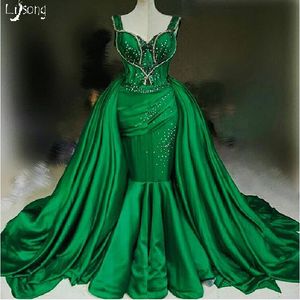 Zielona Syrenka Dwa Piece Suknie Prom Suknie Wieczorowe Zdejmowane Overskirt Zroszony Luksusowe Dubai Kobiety Party Wear Maxi Suknia Custom Made Vestidos