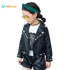 2018 autumn winter hot children PU jacket, 2-7 year old girl fashion Lapel pearl leather motorcycle leather jacket