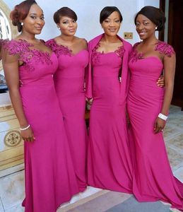 Fúcsia Vestidos dama de honra com Sheer Neck Lace apliques mangas Africano Plus Size empregada doméstica de honra Vestido sereia casamento Partido Vestidos