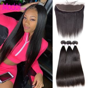 Wholesale 30 inch frontal resale online - Brazilian Straight Human Hair Bundles With Lace Frontal Brazilian Virgin Hair Bundles with Closures Grade A inch Bundles With Frontal