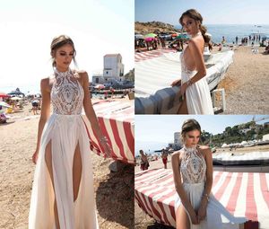 2024 Berta Boho Wedding Dresses A Line Side Split Halter Backless Embroidery Tulle Beach Wedding Gowns Illusion Sexy Plus Size Bridal Dress