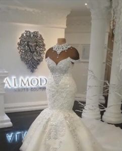 Luxus Dubai Arabisch Meerjungfrau Brautkleider Plus Größe Perlen Kristalle Gericht Zug Lange Brautkleider Nach Maß BA8274