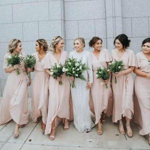 Boho Blush Bridesmaid Dresses Short Sleeves Elegant V Neck Asymmetrical Chiffon Maid of Honor Gown Beach Wedding Guest Wear