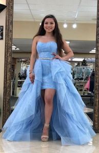 Мода Light Blue High Low 2020 Пром платья Homecoming линия оборки кружева Милая бисером коктейль Формальное вечернее платье Дешевые