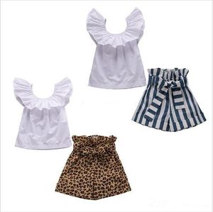 Kinder Designer-Kleidung Mädchen Outfits Kinder Rüschen Fly Ärmel Tops Streifen Leopard Shorts 2 teile/satz Mode Sommer Baby Kleidung Sets LT987