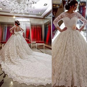 Ball Gown Wedding Dresses Sheer Jewel Neck Full Lace Beads 3/4 Long Sleeves Sashes Long Chapel Train Plus Size Formal Bridal Gown