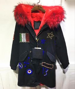 Itlay flag Beading women snow coats red raccoon fur trim parka Meifeng brand red rabbit fur lining black long parkas