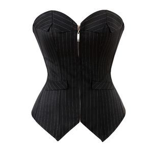 Sexy Office Professional Overbust Corsetto Top Zipper Lace Up Disossato Black Stripe Bustier + perizoma Taglie forti S-2xl