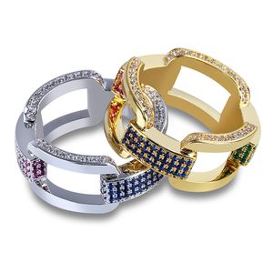 Multicolor CZ Zirconia Hollowed Rings 18k Gold White Gold Plated Diamond Hip Hop smycken Gåvor för män Kvinnor 16mm storlek 7-11 Bjoux grossist