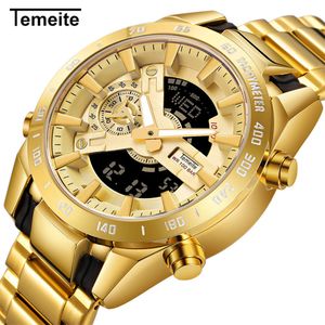 Temeite Brand Gold Mens Quartz Watches Sport Digital Watch Men Led Dual Display armbandsur Waterproof Luminous Relogio Masculino