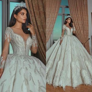 2020 Ball Gown Wedding Dresses Sweetheart Appliqued Feather Beaded Sequins Long Sleeve Wedding Dress Bridal Gowns Sweep Train Bridal Dress