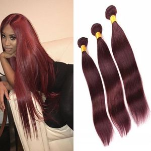 Teca de cabelo liso brasileiro da Borgonha 3 pacotes de vinho tinto 99J Extensões de cabelo duplas