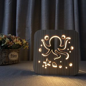 Novidade Wood Octopus Night Luzes LED 3D Lâmpada Noite Criativa Lâmpada De Madeira Lâmpada USB Quarto Luminosa Madeira