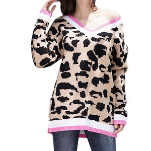 Leopard V-Ausschnitt Pullover Herbst Winter Sexy Mode Print Winter Stricken Patchwork Lange Ärmel rosa Pullover Stricken swetry damskie