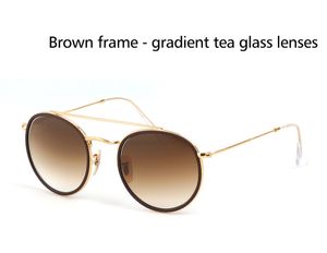 Partihandel-round stil solglasögon för män kvinnor legering ram speglad glas lins dubbel bro retro glasögon med låda och fall