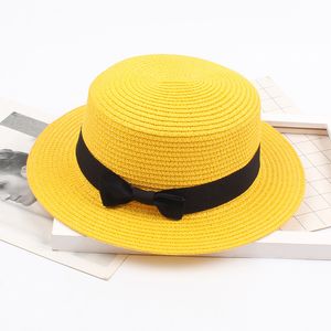 Summer Women Children Flat Top Straw Hat with Bow-knot European US Billycock parent-child hat Sun Protection Beach Hat Black Cap