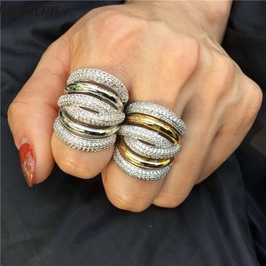 Vecalon vintage grande através de anel ouro prata cor 5a zircon festa casamento anel de banda para mulheres homens declaração jóias dedo