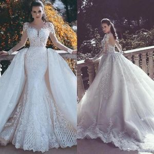 2019 Dubai Mermaid Gelinlik Dantel İnciler Sheer Boyun Uzun Kollu Bohemian Gelinlikler Backless Ayrılabilir Tren Boho Gelinlik