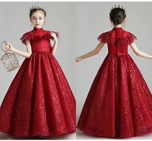 Bling Glitter Tulle Juniors Prom Pageant Abiti da festa Ragazze Collo alto Boho Maniche corte Perline Crystal Flower Girl Dress Laurea