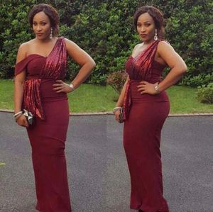 Cheap African Burgundy Long Prom Dresses One Shoulders Floor Length Sequined Evening Gowns for Black Girls Formal Dress Party Wear ogstuff
